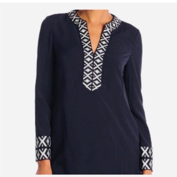 Tory Burch Ariana Tunic V Neck Long Sleeve Blue 2 - Picture 1 of 9